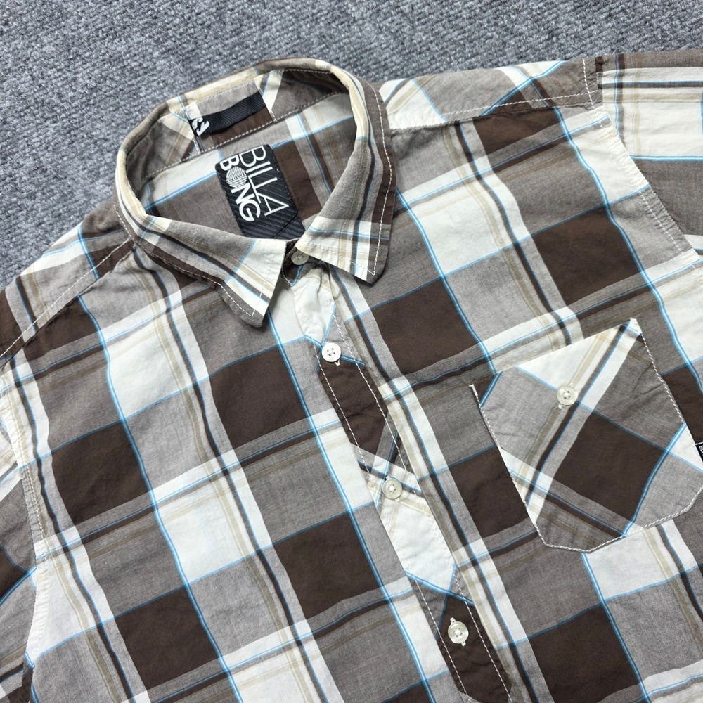 Billabong Mens Brown Plaid Short Sleeve Button Up Cotton Shirt Large Pocket Logo